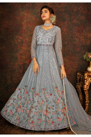 Grey net abaya style anarkali suit 7792