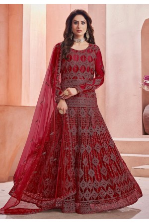 Maroon net abaya style anarkali suit 1002