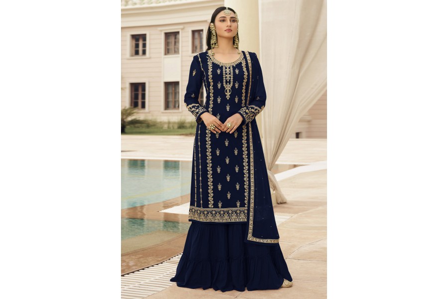 Real Georgette Navy Blue Peplum Sharara Suit