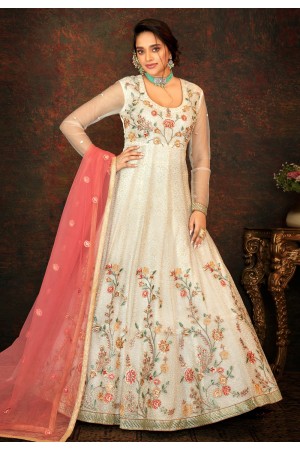 Off white net long anarkali suit 7791