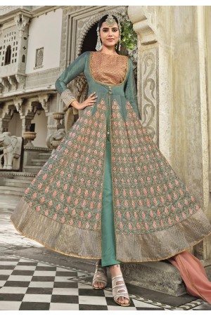 Sea green silk center slit anarkali suit 1002a