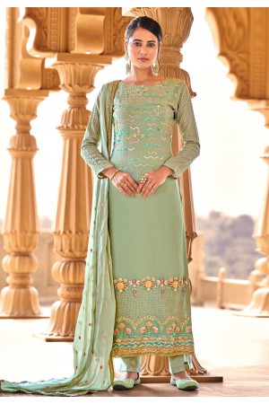 Sea green viscose georgette pant style suit 10102