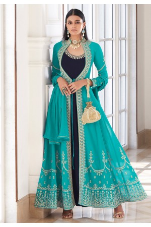 Sky blue georgette jacket style suit 8480