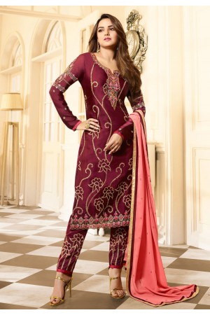 Wine satin georgette kameez with pant 11032