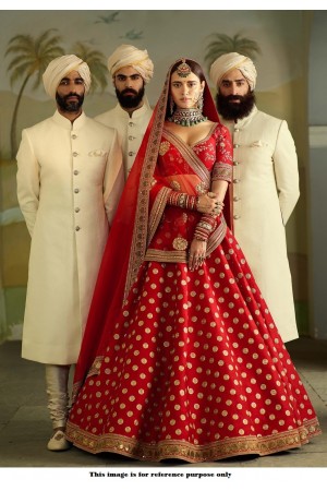 Bollywood Sabyasachi Mukherjee Inspired Banarasi silk red wedding lehenga