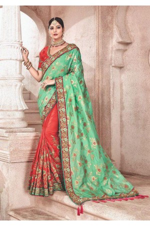 Green orange fancy silk Indian wedding saree 2308