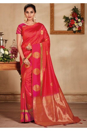 Salmon color silk Indian wedding saree 932