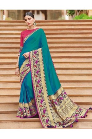 Teal banarasi weaving silk Indian wedding saree 1001