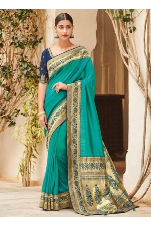 Teal banarasi weaving silk Indian wedding saree 1014