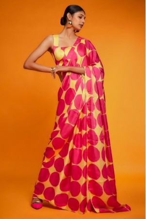Bollywood Model Satin digital print saree in Pink and Yellow