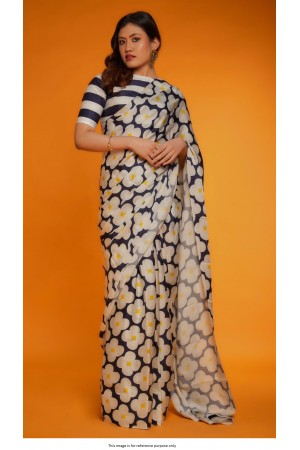 Bollywood Model Satin digital print saree in White and black