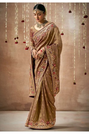 Beige Tissue dola silk embroidered wedding saree with blouse 329
