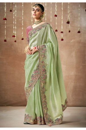 Light green Tissue dola silk embroidered wedding saree with blouse 328