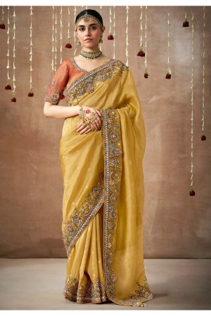 Mustard Tissue dola silk embroidered wedding saree with blouse 322