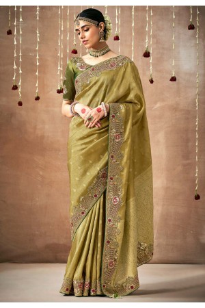 Olive green Tissue dola silk embroidered wedding saree with blouse 324