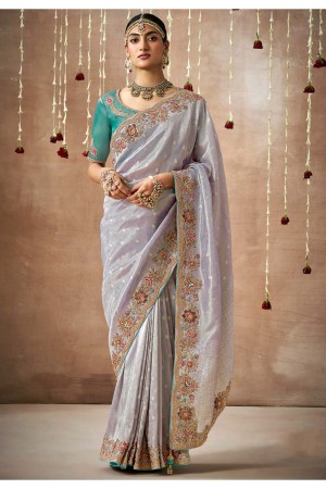 Light Purple Tissue dola silk embroidered wedding saree with blouse 323