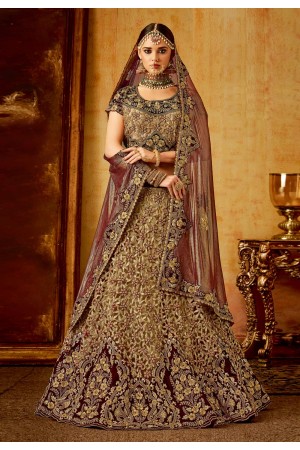 Beige velvet bridal lehenga choli N228