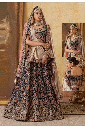 Blue velvet bridal lehenga choli N227A