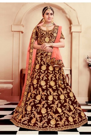 Maroon velvet bridal lehenga choli N215B