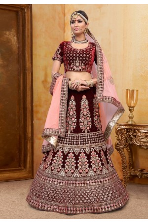 Maroon velvet bridal lehenga choli N217C