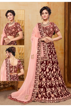 Maroon velvet bridal lehenga choli N220B