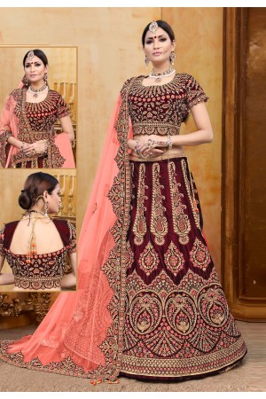 Maroon velvet bridal lehenga choli N221A