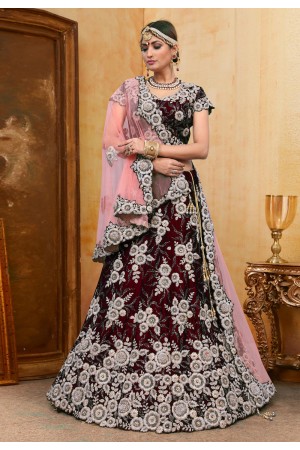 Maroon velvet bridal lehenga choli N222B