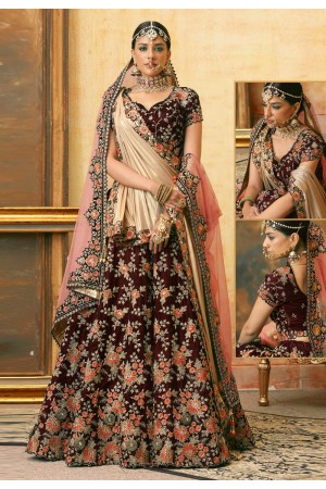 Maroon velvet bridal lehenga choli N231D