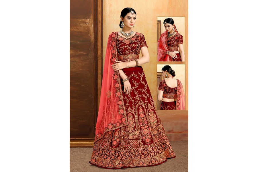 Bridal Red Velvet Lehenga Choli  D.No. DERR-1849