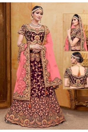 Wine velvet bridal lehenga choli N236C