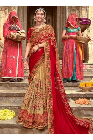 Red and beige silk festival wear saree 7008