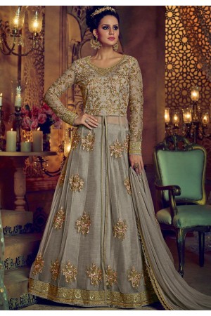 Dusty grey net and banglori silk party wear Lehenga kameez