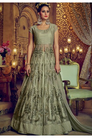 Olive green net and banglori silk party wear Lehenga kameez