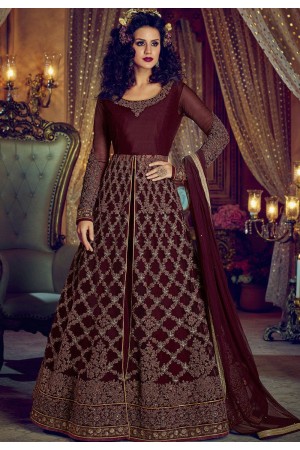 Wine color net and banglori silk party wear Lehenga kameez