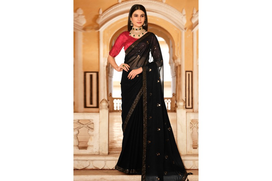 Black Woven Design Chinon Saree With Unstitched Blouse Piece