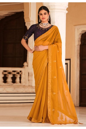 Chinon Saree with blouse in Mustard colour 5437
