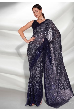 Georgette sequence Saree in Navy blue colour 3947