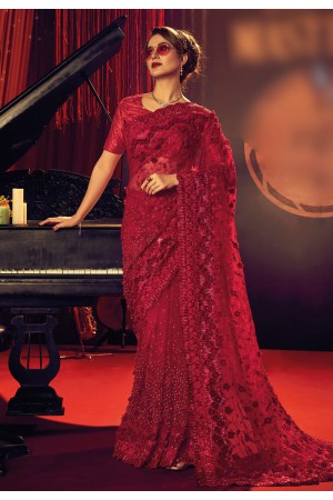 Net Saree with blouse in Maroon colour 6701