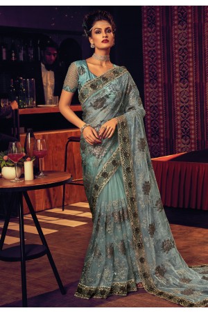 Net Saree with blouse in Sky blue colour 6711
