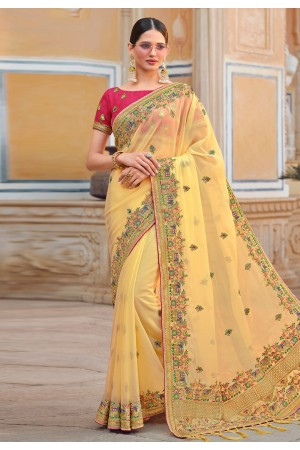 Organza Saree with blouse in Yellow colour 4114