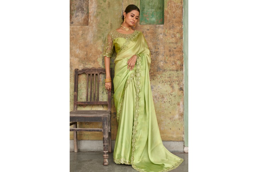 Women's Satin Teal green Embellished Designer Saree With Blouse Piece main image 1