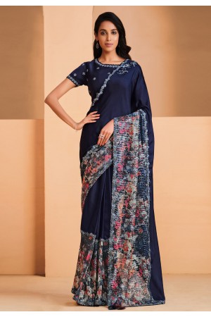 Satin crepe Saree with blouse in Navy blue colour 22910