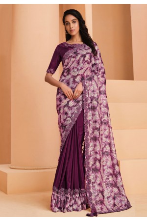Satin crepe Saree with blouse in Purple colour 22906