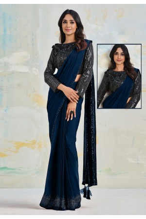 Satin silk Saree with blouse in Navy blue colour 22404