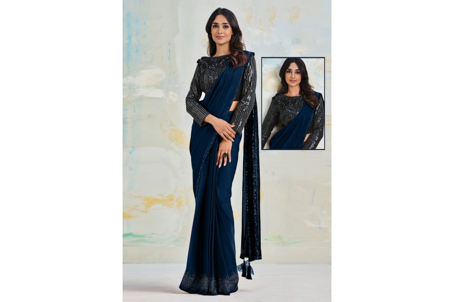 Women's Satin Silk Navy Blue Woven Design Designer Saree With Blouse Piece