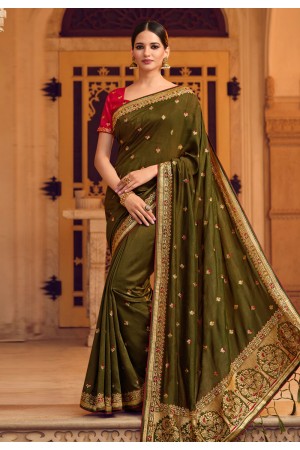 Silk Saree with blouse in Mehndi colour 4111