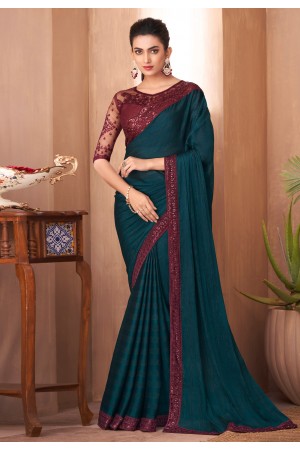 Silk Saree with blouse in Teal colour 1111