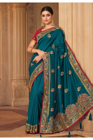 Silk Saree with blouse in Teal colour 4121