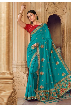 Silk Saree with blouse in Turquoise colour 4117