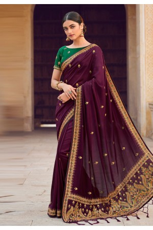 Silk Saree with blouse in Wine colour 4120